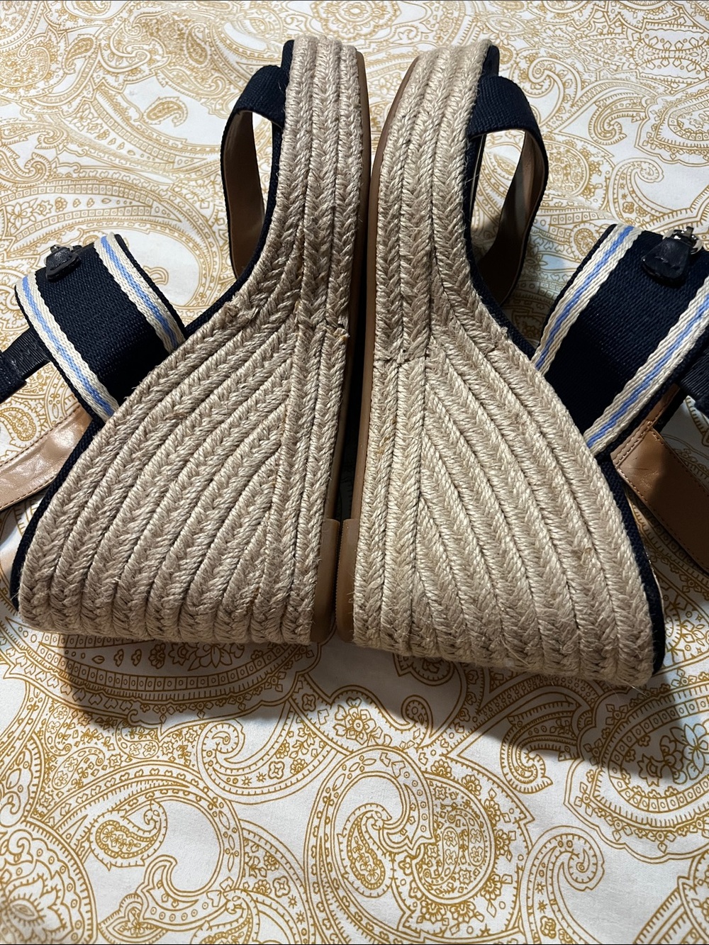 Lauren Ralph Lauren Navy Espadrille Wedge Sandals with Silver Logo Trim - Picture 6 of 9